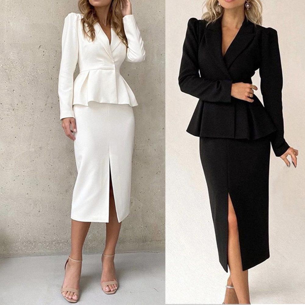 Elegant Skirts and Blazer Suits Stylilsh Long Sleeve Short Jacket Coat High Waist Back Zipper Midi Skirt 230324