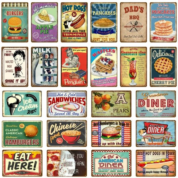 American Diner Metal Painting Poster Chinese Food Pancakes Burgers Pies Metal Tin Signs Cafe Kitchen Shop Decoration Vintage Plaque Wall Dec