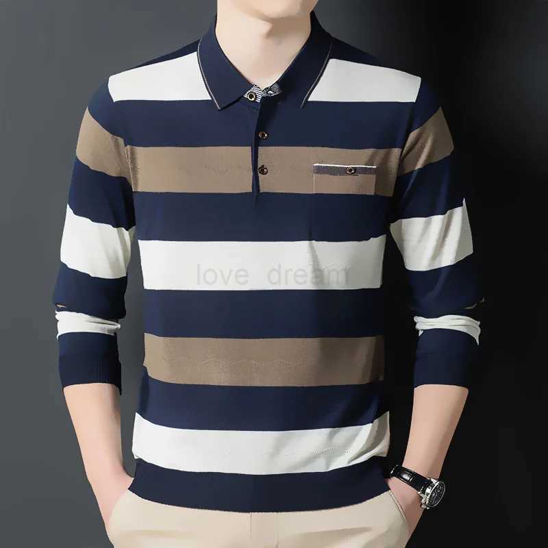 Autumn Winter Polo New Mens Clothing Loose Striped Long Sleeve Tees Turn-down Collar Shirt Business Casual Fashion Pockets TopsXJ240920