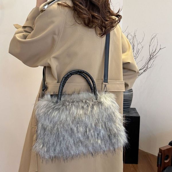 New Women&#039;s Square Plush Imitation Fur Raccoon Hair Handbag Large Capacity Tote Bag hot-selling item