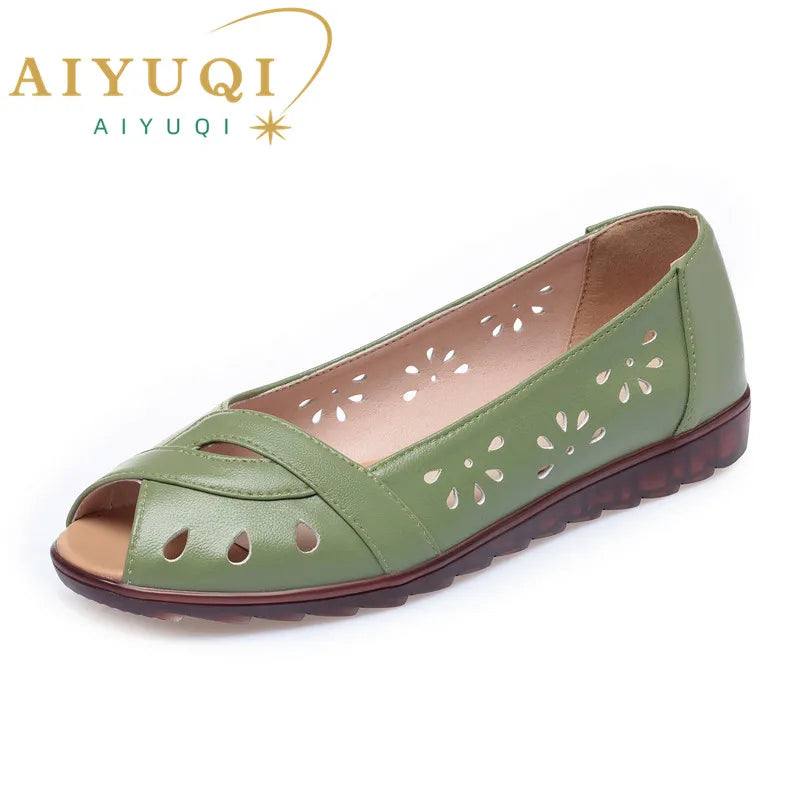 Women Sandals Flat Summer Genuine Leather Mother Sandals Non-slip Fish Mouth Large Size Casual Sandals Women