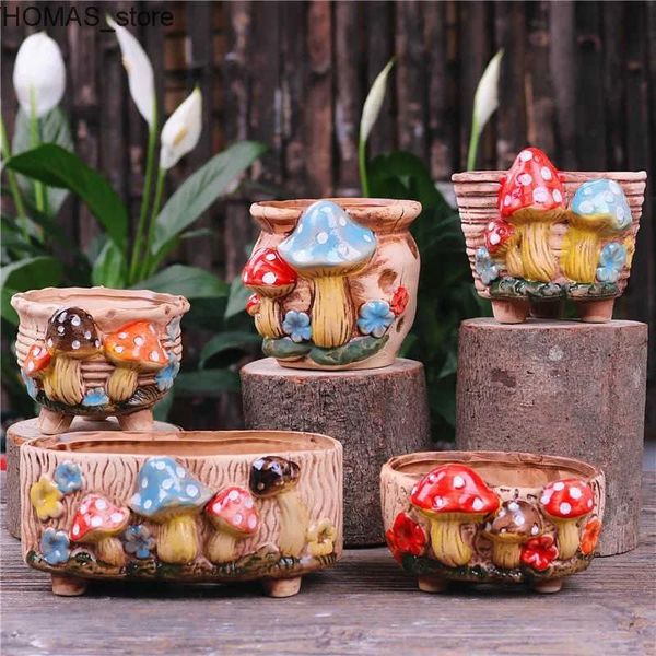Planters Pots Garden Personality Mushroom Stoneware Succulent Flower Pot Living Room Decoration Planter Vintage Handicrafts Bonsai Pots L240