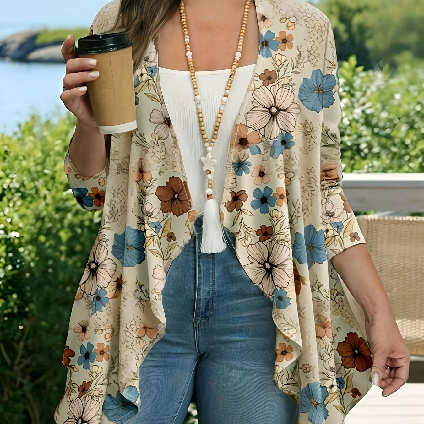 TEMU Women's Elegant Floral Print Cardigan - Lightweight Spring-autumn Open Front Sweater, Machine Washable, Regular Fit, Suitable For Casual And