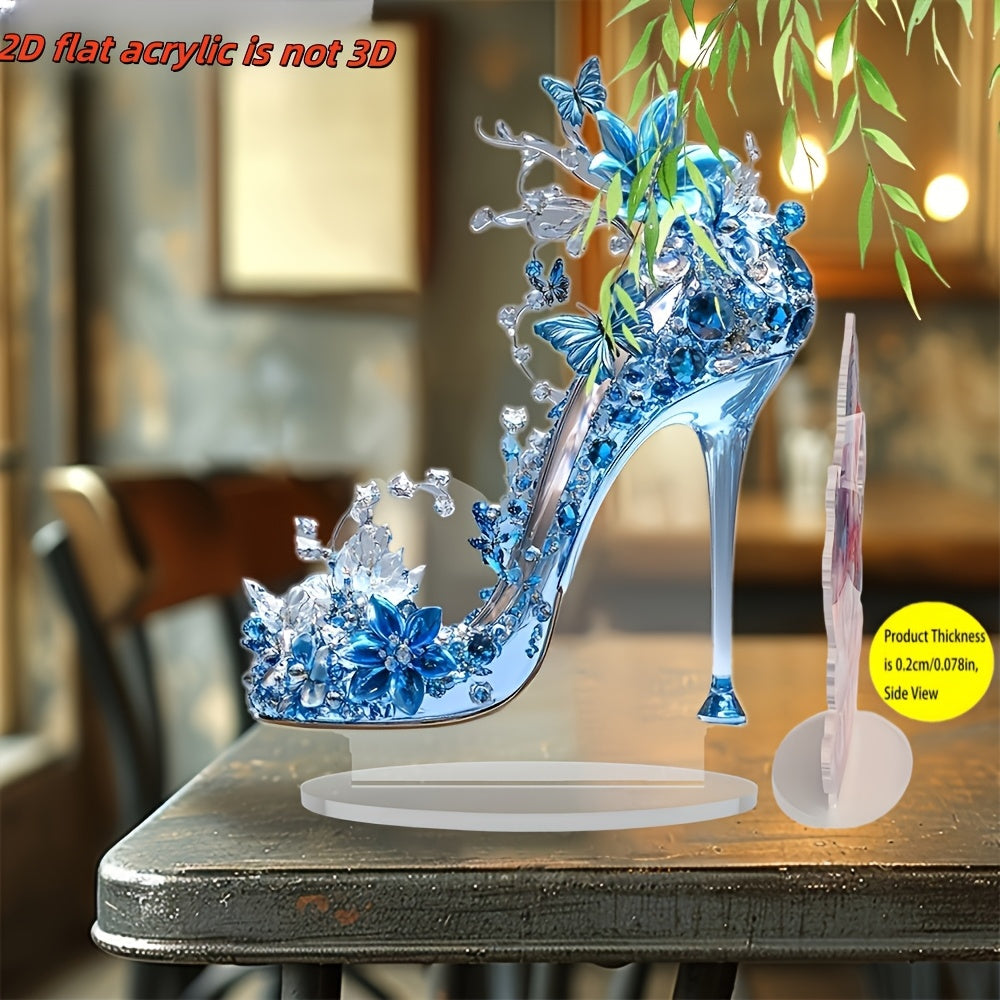 TEMU 2d Flat Acrylic Bohemian High Heel Tabletop Centerpiece - Blue Floral & , Windows, Bedroom, Living Room, Office, And Holiday Decor, Bohemian