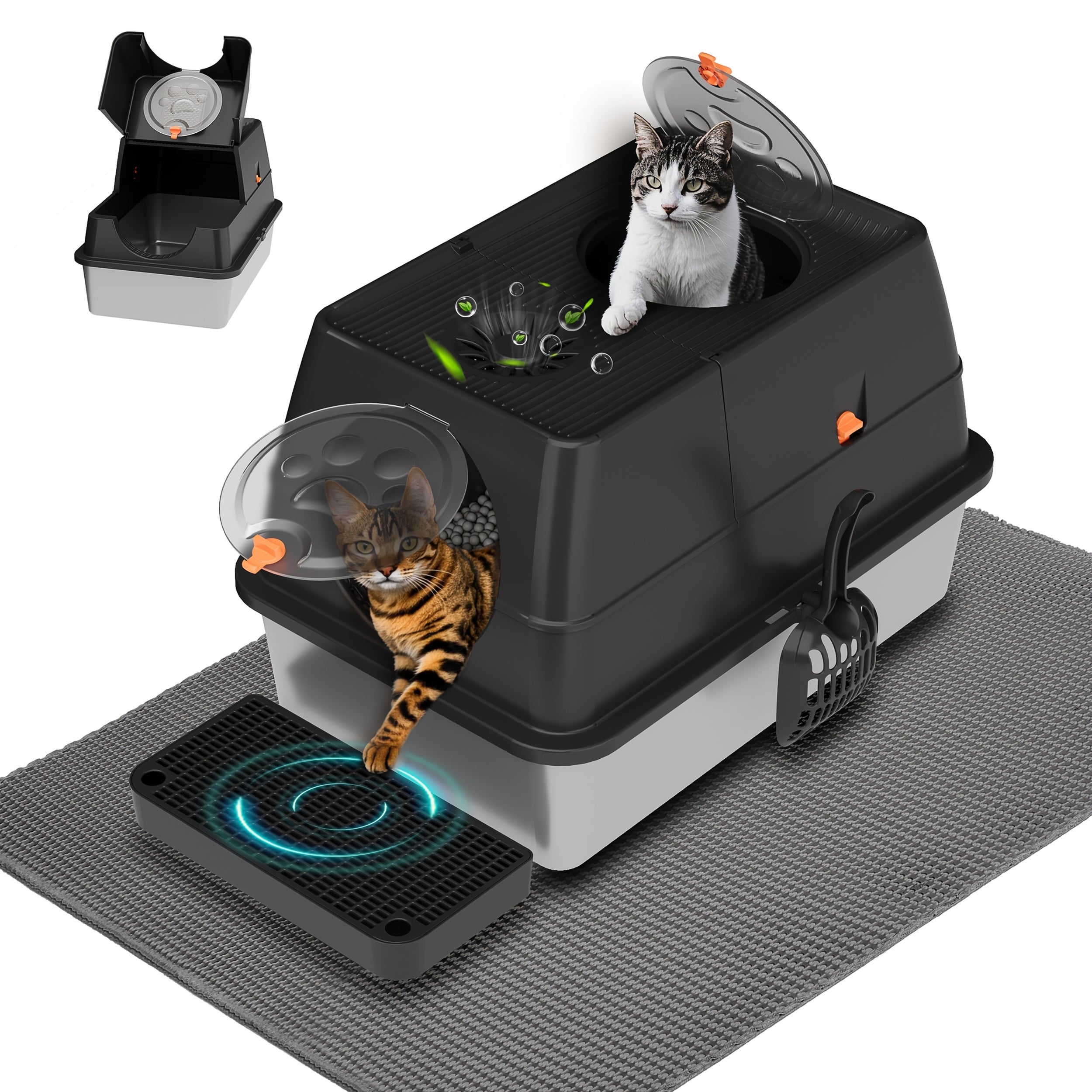 TEMU Citylife Extra Large Stainless Steel Cat Litter Box With Removable Lid - 3-in-1 (front-top Entry), Anti-leak & , Includes Scoop, Filter Pedal &