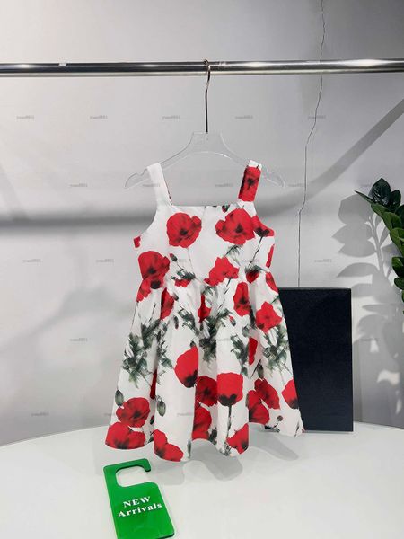 Popular girls dress Summer sling design Princess dress kids designer clothes Red and green floral print skirt baby partydress