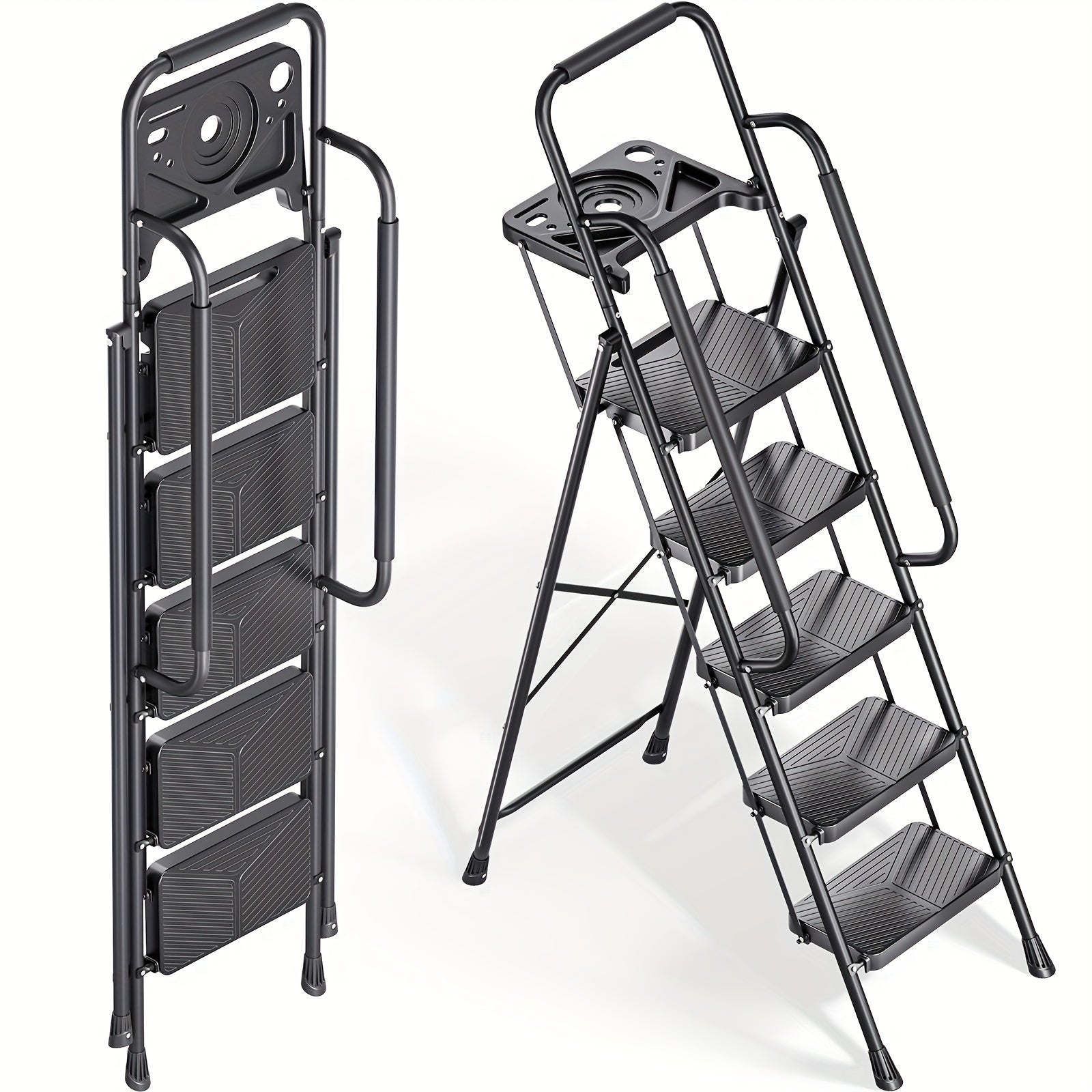 TEMU Toolf Ladder, Folding Step Stool With Design, 500 Lbs Sturdy Steel Ladder With Tool Platform, Wide Anti-slip Pedal, Convenient Handrail For