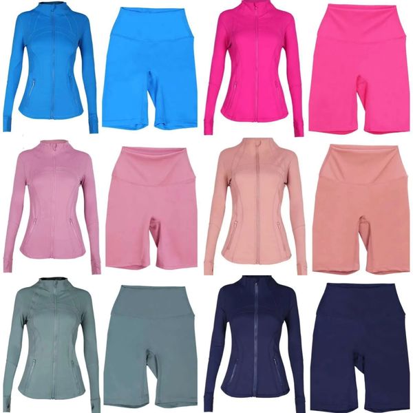 Women Yoga Sets Push Up Fitness 8&#039;&#039; Leggings High Waist Sports Jackets Zip Up Coat Elastic Sportswear Outfits Pants Gym Clothes Su