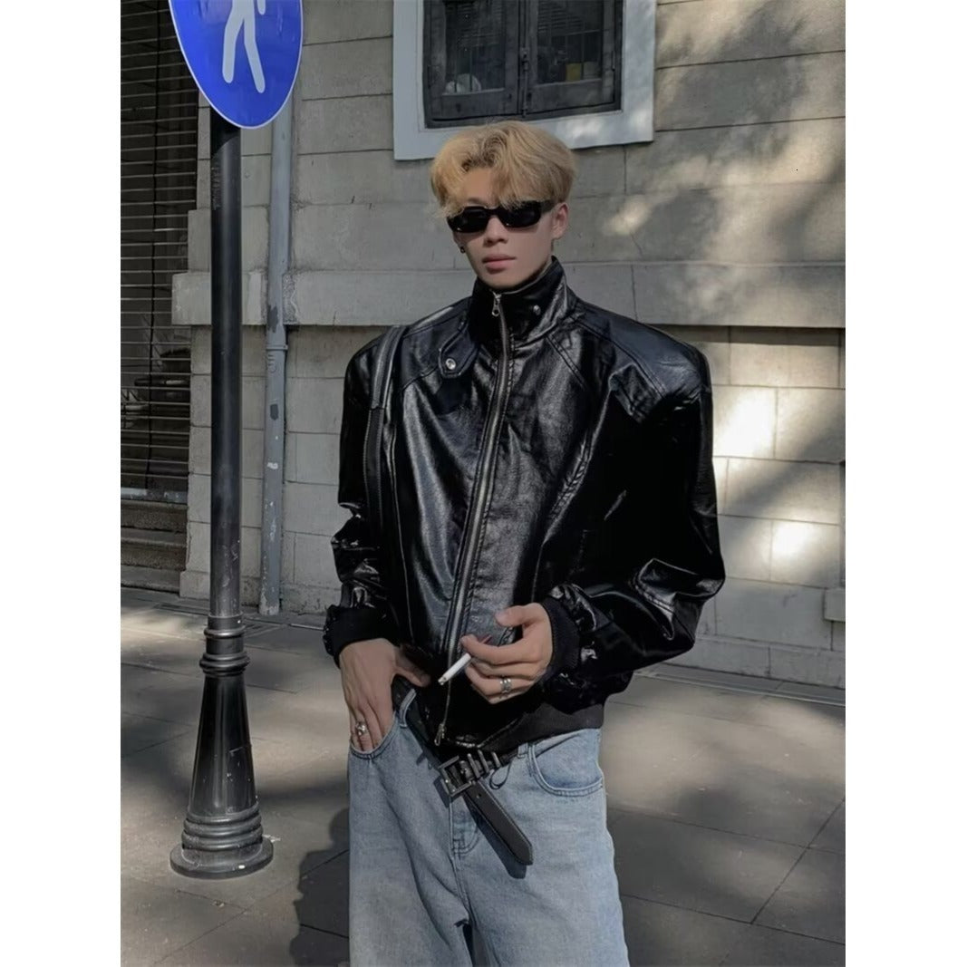 NOYMEI jacket silhouette shoulder pad zipper PU leather buckle stand up collar rubber pattern jacket autumn 240808