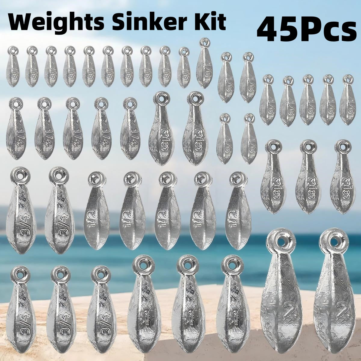 TEMU 45pcs Fishing Sinkers Kits Bank Sinker Weights For Fishing Gear Tackle 2oz 1oz 3-4oz 1-2oz 3-8oz 1-4oz 1-5oz 1-8oz