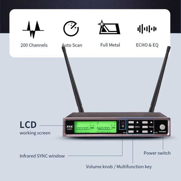 Microphones EYK E200FV UHF Wireless Microphone with Treble Bass Echo Effect Full Metal Karaoke Dual Handheld Mic 200 Adjustable Frequency S2