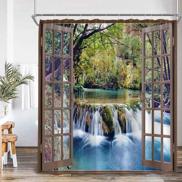 Waterfall landscape shower curtains forest lake windows outdoor natural scenery modern home bathroom decoration with hooks bathroom curtains