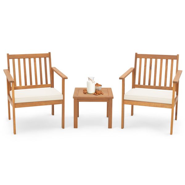 3 peças Patio Wood Furniture Set com almofadas macias para varanda
