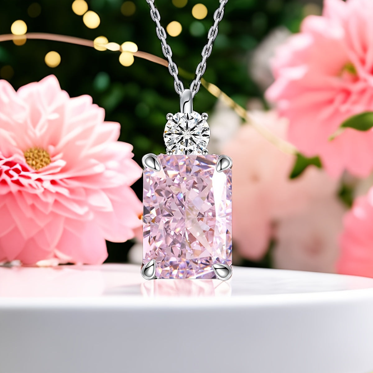 TEMU Meetmay S925 Sterling Silvery Pendant, Crushed Ice Cut, 8x10mm Synthetic Cubic Zirconia, Elegant Four-prong Oblong Women's Jewelry, 40cm Chain