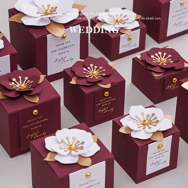Packaging Paper 50 100pcs Small Thank You Wedding Gift Box Burgundy Candy for Guests Flowers Sweet Party Favor es Baby Shower 230414