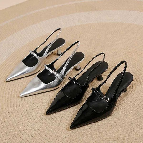 Patent leather corner toe mid heel pin buckle hollow Wens slider sandals solid color 2024 Wens hot S shoes Y241115