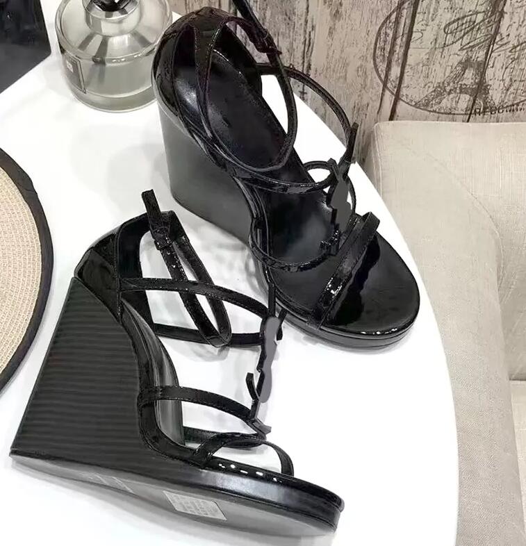 Designer Woman Sandals Cassandra Wedge heeled Espadrilles Black leather platform High Heels With Adjustable Buckle Wedding Dress Lady Shoes wedding