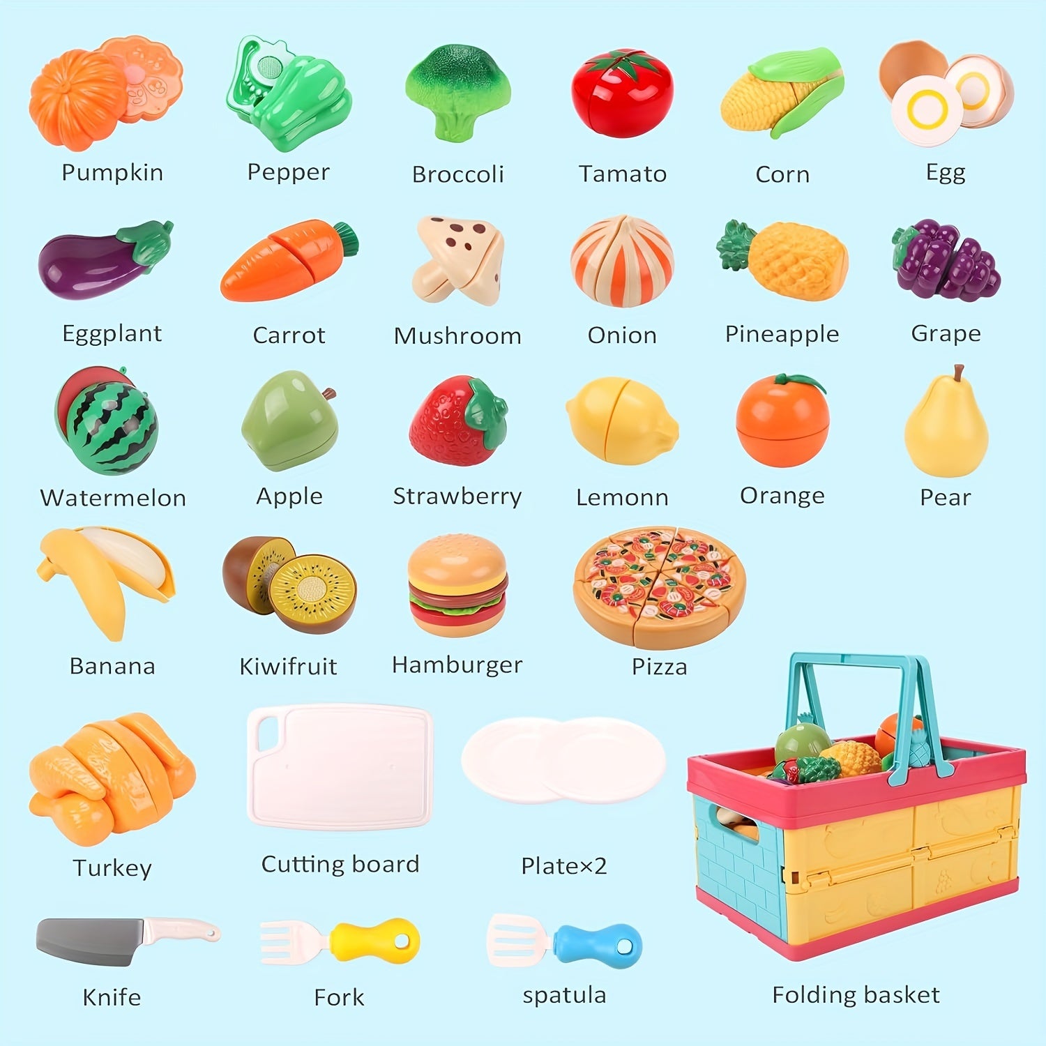 TEMU 70pcs Kids Pretend Play Food Sets For Children Kitchen Toys, Cutting Vegetable Fruit Pizza Food Toy Kitchen Accessories With Basket, Gift For