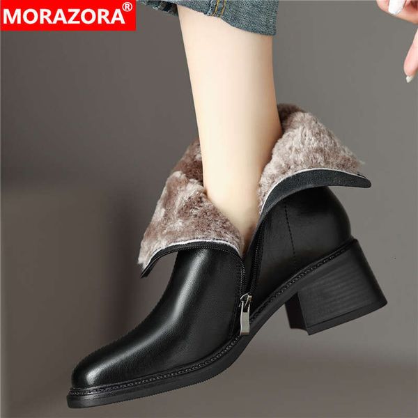 MORAZORA 2024 New Genuine Leather Ankle Women Nature Wool Warm Winter Square Heels Black Brown Snow Boots