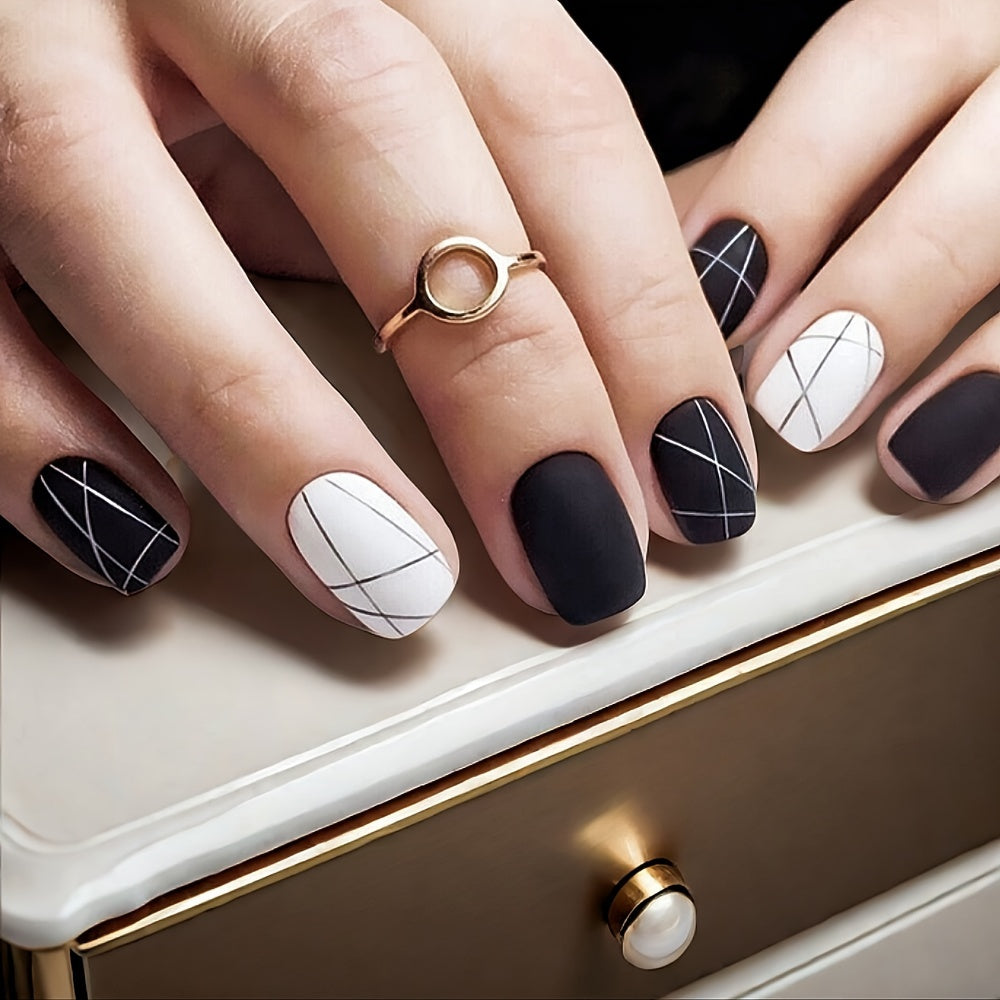 TEMU 24pcs Matte Black & White French Short Square Press-on Nails - Minimalist Geometric With Nail File & Jelly Glue, Casual Attire Fake Nails For