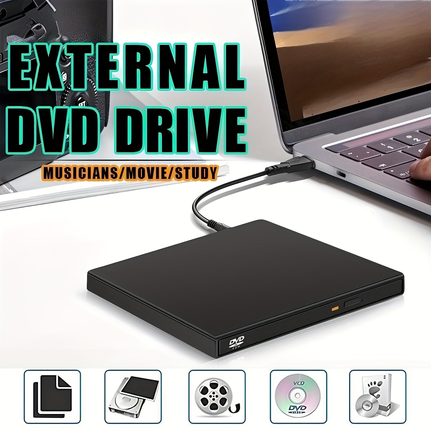 TEMU Laptop External Cd-dvd Drive, Usb 3.0-usb 2.0 And Usb C Disc Burner, Dvd Player Compatible Card Reader, Plug And , Supports Windows And Os,