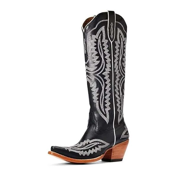 Autumn And Winter New Pointed Thick High Heels Knee Length Western Cowboy Embroidered Side Zipper Size 35-46 Mid Cap Boots