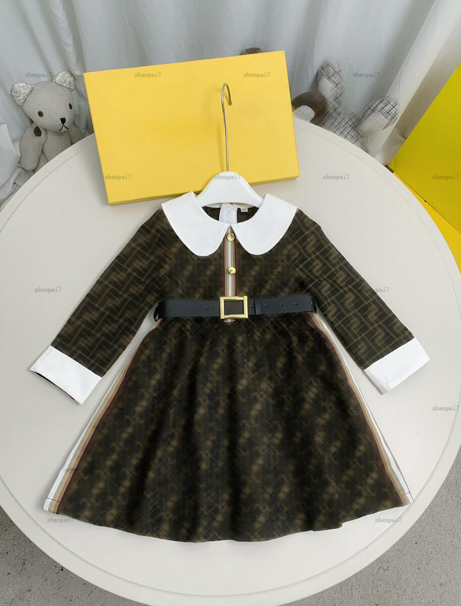 Top Doll collar girls dress Leather belt princess dress kids designer clothes autumn partydress baby skirt A210X06N052-b
