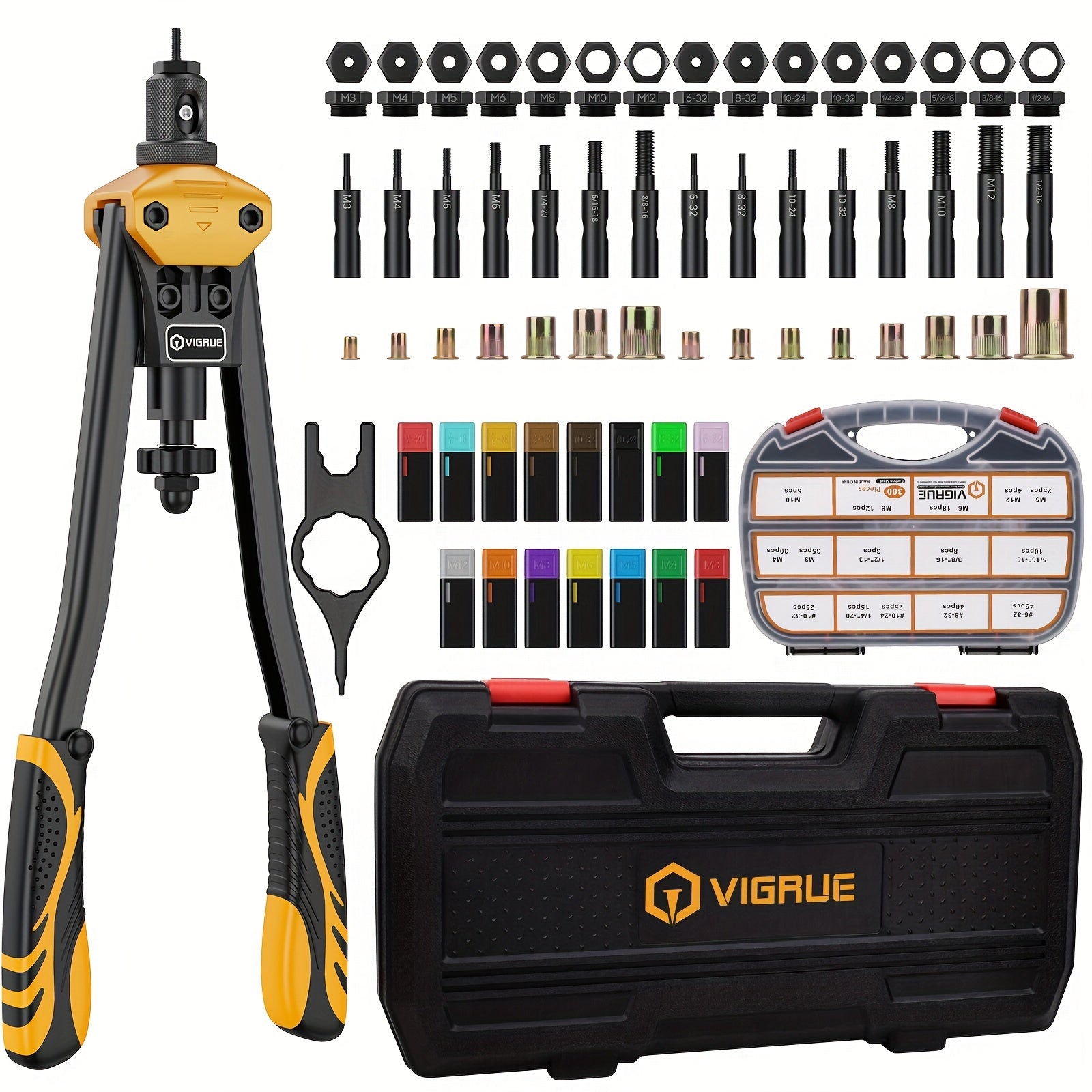 TEMU Vigrue 16'' Rivet Nut Tool Kit Rivnut Hand Tool Set With 15pcs Metric & Inch Mandrels M3 To M12, 6-32 To 1-2-13 And 300pcs Metric & Sae Rivet