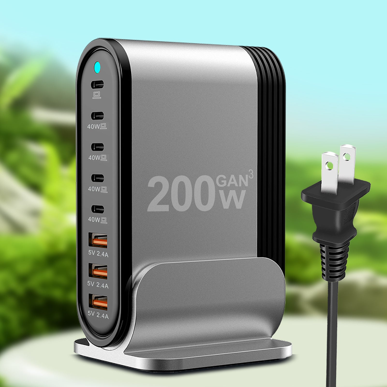 TEMU 200gan Power Adapter With 8 Usb Ports & Type-c Pd Fast Charging, Foldable Ac Extension Cord For Laptops And Tablets, Us Plug, 110v-220v