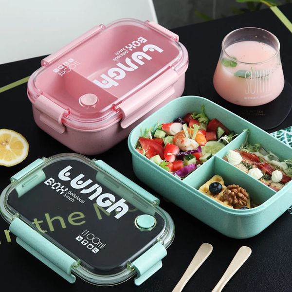 1100ml Wheat Straw Lunch Box Student Lunch Box SealedDivided Lunch Box with Tableware Can be Microwave Heated 240919