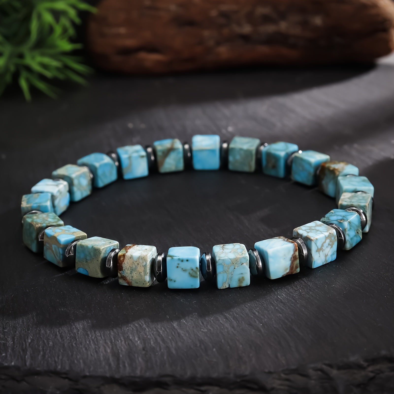 TEMU Handcrafted Natural Stone Bracelet With 6mm Square & Round Hematite Beads - Elastic Cord, Retro- For Casual Attire