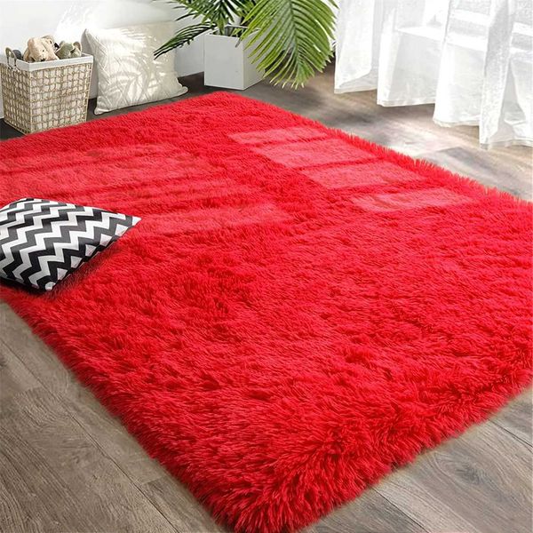 Red ultra soft fluffy carpet fur throwing area carpet plush shaving carpet anti slip shaving carpet modern decorative carpet living room car