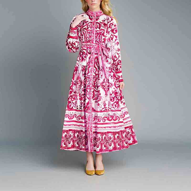 V42Chic and Trendy Women&#039;s Long Swing Dress Featuring Delicate Prints and Sophisticated Lacing