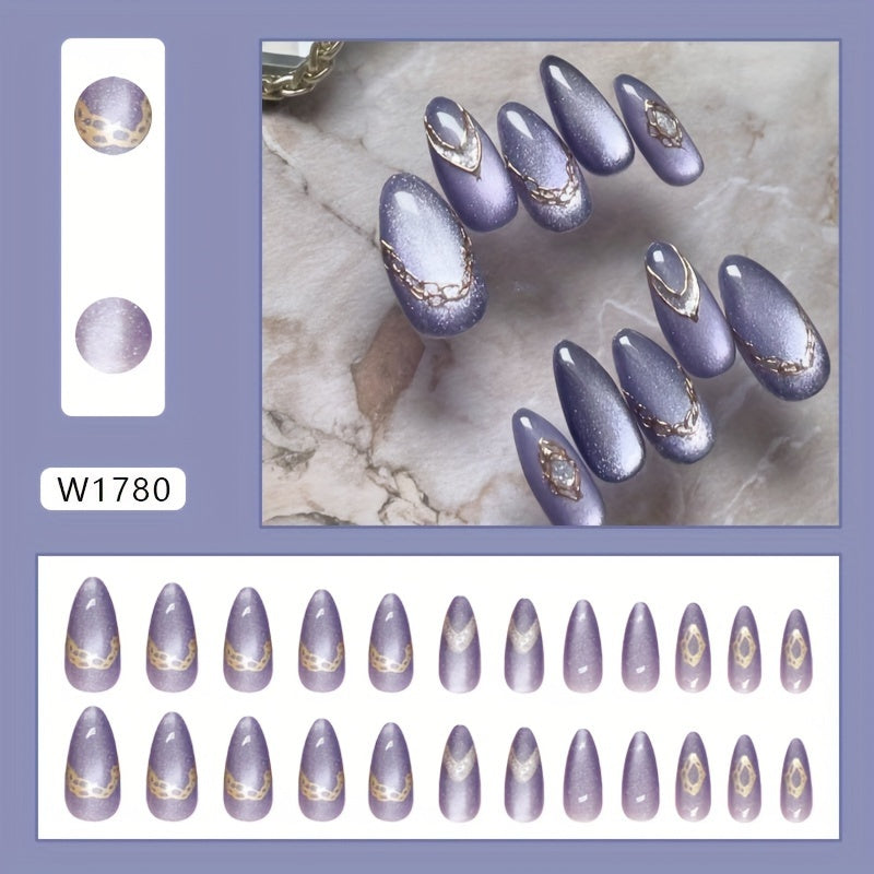 TEMU 24pcs Almond Shaped Press-on Nails - Purple Cat-eye Glitter With Metallic Golden Accents, Medium Length Glossy Reusable Fake Nails For Women,