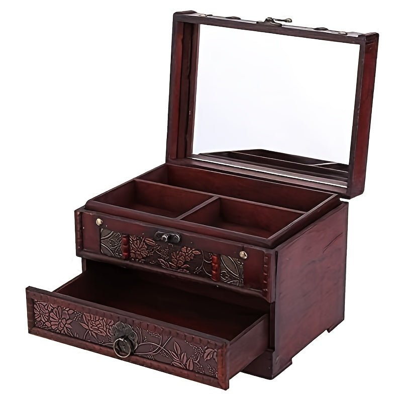 TEMU 1 Set Vintage Wooden Jewelry Box - Jewelry Boxes With Mirror, Necklace And Earring Storage, Bedroom Dressing Table Organizer, Classic , Spacious