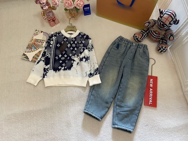 Designer Children clothes sets boys letter knitting long sleeve sweater pullover with thicken jeans 2pcs Winter kids casual outfits S2575