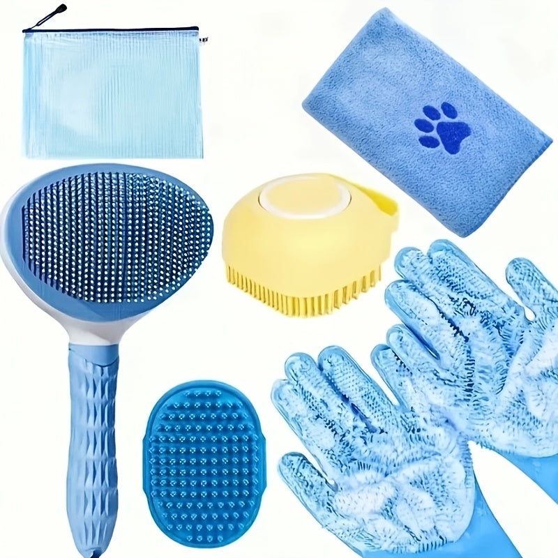 TEMU 6pcs Dog Grooming Kit - Silicone Brush, Microfiber Towel, Washing Gloves, Shedding Tool - Care For , No Power Required