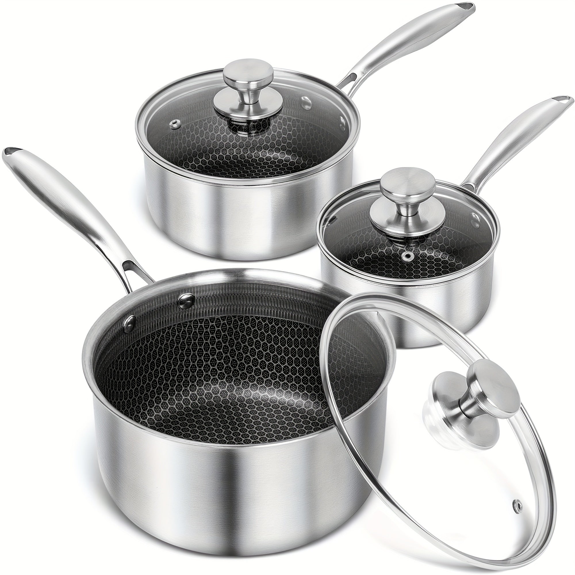 TEMU Stainless Steel Saucepan Set, Premium Triple Ply Sauce Pan With Lid, Sauce Pot With Honeycomb Interior