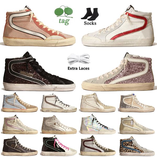 Designer Casual Shoes Slide high-top sneakers lilac glitter with white leather star Vintage Calfskin Upper Handcrafted Italy Brand Women Men