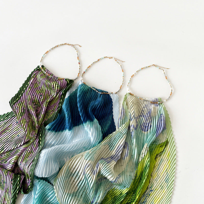 K401 New Japanese and Korean pleated silk scarf suspenders for women, high-end silk scarf, cross-border light luxury style chiffon oil painting styl