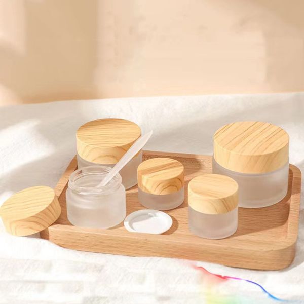 Frosted Glass Jar Cream Packaging Bottles Round Cosmetic Jars 5g 10g 15g 30g 50g With Wood Grain Lid