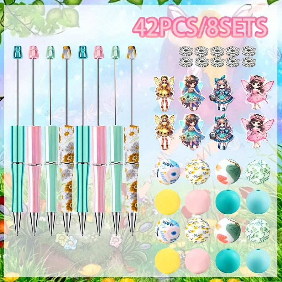 TEMU 42pcs Fairy Element Beaded Pen Set, 8sets Plastic Bead Pens With , 1mm Ballpoint Pen Diy Craft Kit, With Silicone Charms For Office And Writing