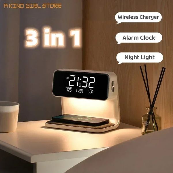 Creative 3-in-1 Bedlight Wireless Charging LCD Screen Alarm Clock Wireless Mobile Phone Charger 241217
