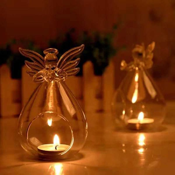 Candle Holders 1PC Cute Angel Glass Crystal Hanging Tea Light Candle Holder Home Decor Candlestick Home Room Family Decor AccessoriesL464