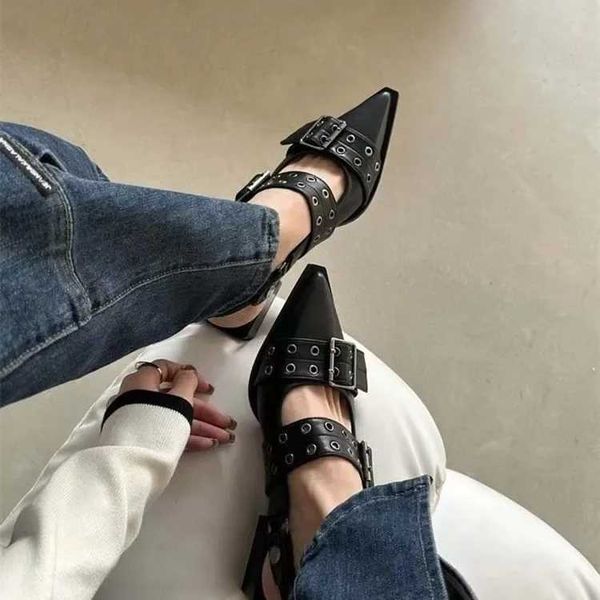 High Quality Slingback shoes Gothic thick high heels womens pump street style mid high heels punk retro casual sandals spring-summer T241024