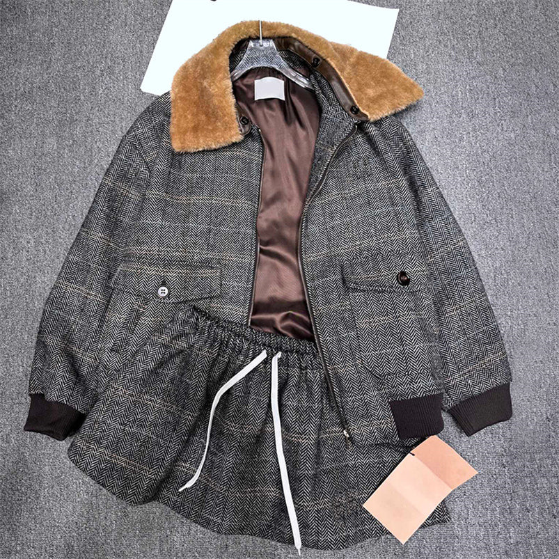 Luxury Women Vintage Zipper Jackets Fleece Neck Warm Long Sleeve Outerwear Drawstring Mini Skirts Winter Holiday Party Dinner Versatile Skirts