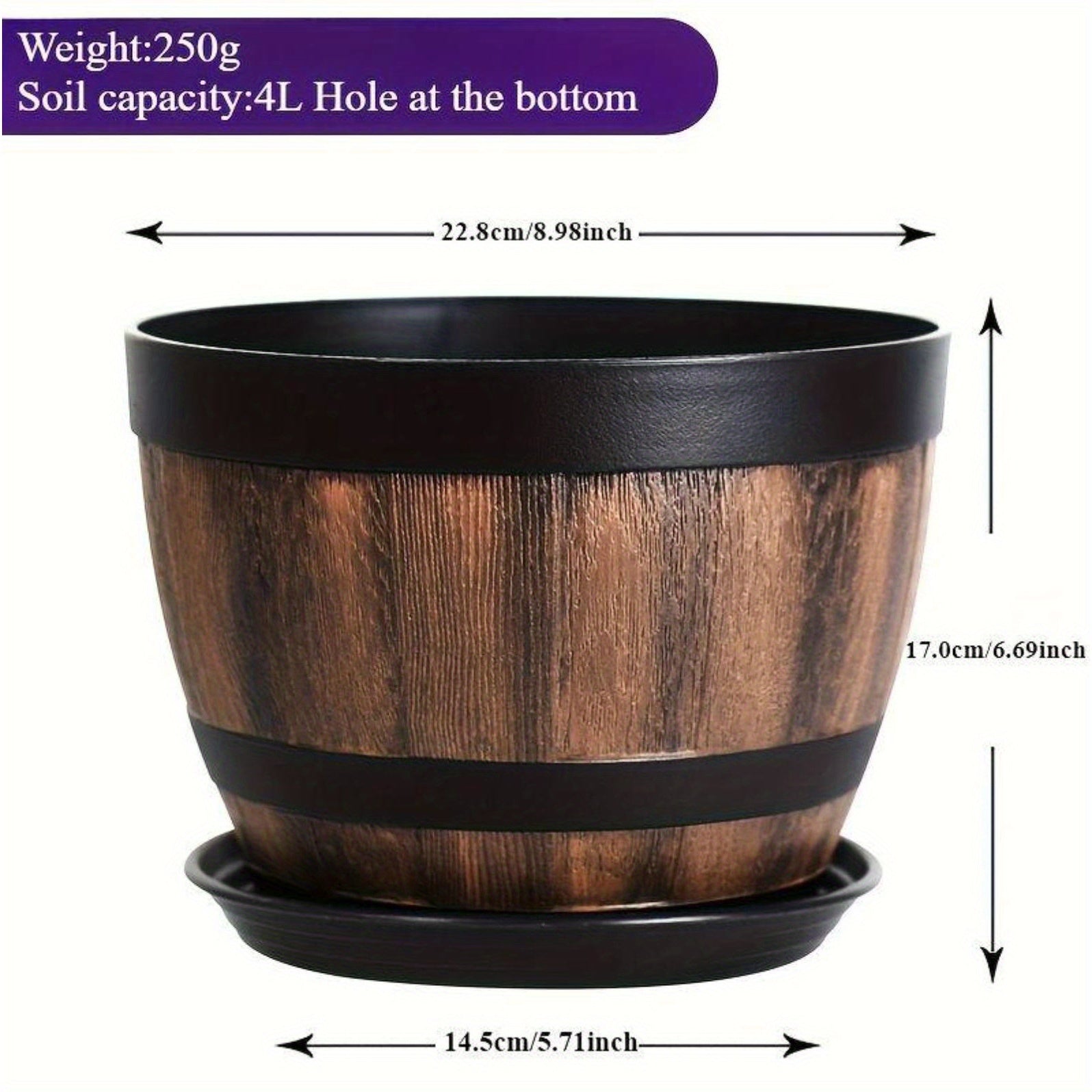 TEMU 1pc Extra Large Planter Box With Drainage Holes & Tray - Heavy-duty Plastic Barrel Planter For Indoor-outdoor Use, & With Black Rim - Ideal For