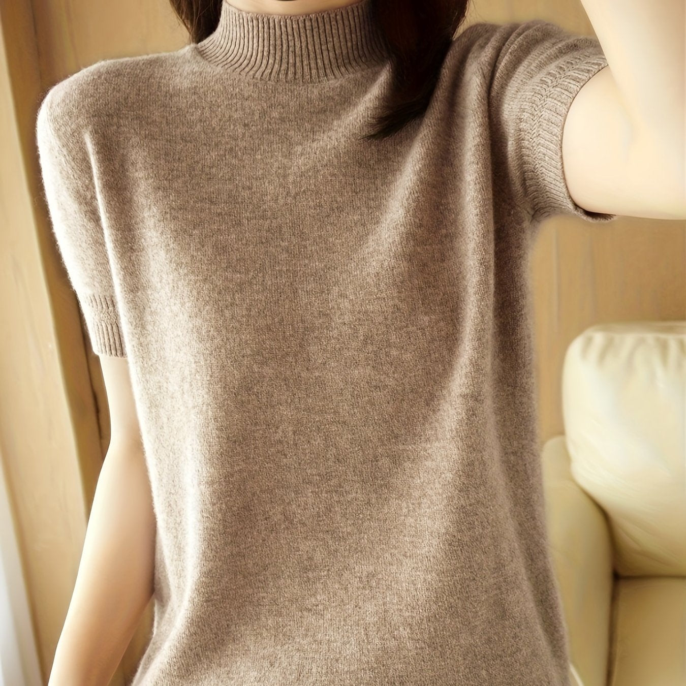 TEMU New ! Women's Knitted Tops For Spring, Summer, And Autumn, Stylish Half-high Neck Short Sleeves.