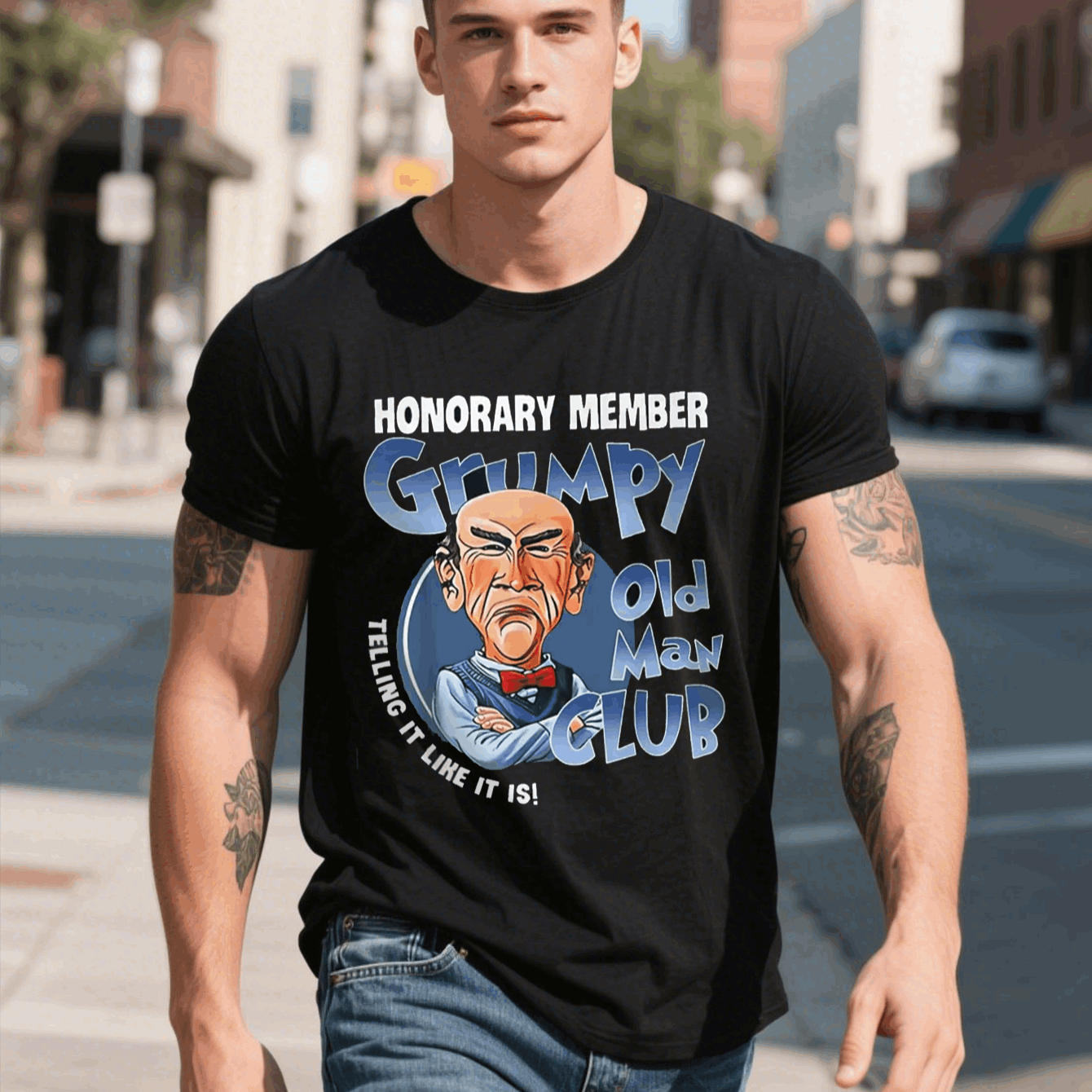 TEMU Old For Honorary T-shirt - " It Like " Design, Cotton Tee For Men, Black With Blue Graphic Print, Casual Round Neck, Machine Washable