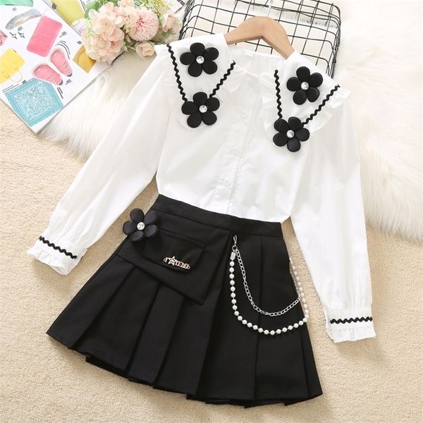 Clothing Sets School Uniform for Girls Children Kids Flower Blourse Skirt Preppy Suit Costumes Vestidos 4 6 8 9 10 12 14 Years 221007